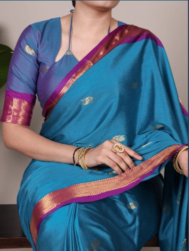 Sea Blue Cotton Silk Saree
